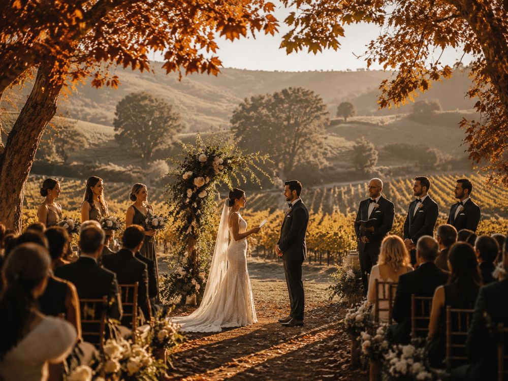 Couple celebrating an autumn wedding surrounded by golden vineyards in Victoria.