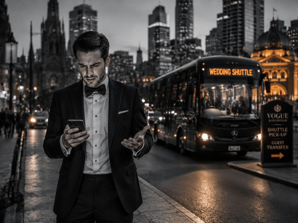 Wedding guest checking directions near Melbourne streets while organised transport prevents arrival problems.