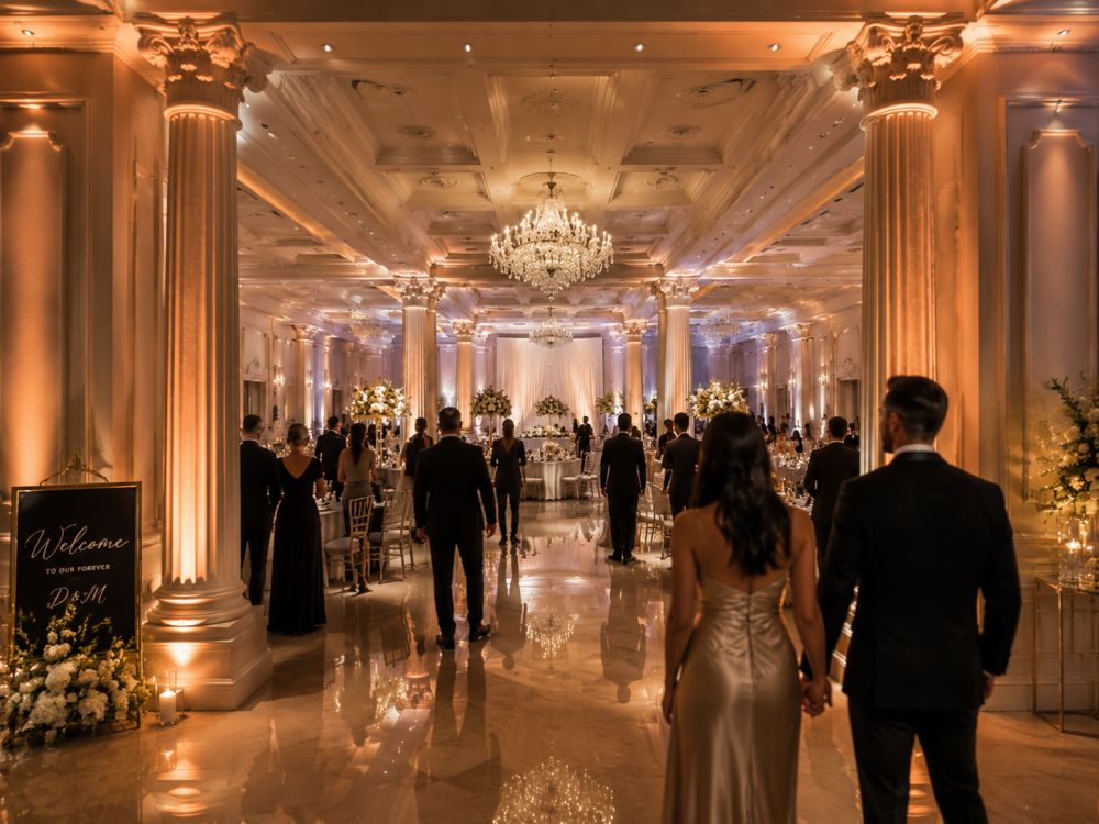 Luxury ballroom reception featuring warm uplighting that highlights architectural details and creates an elegant atmosphere