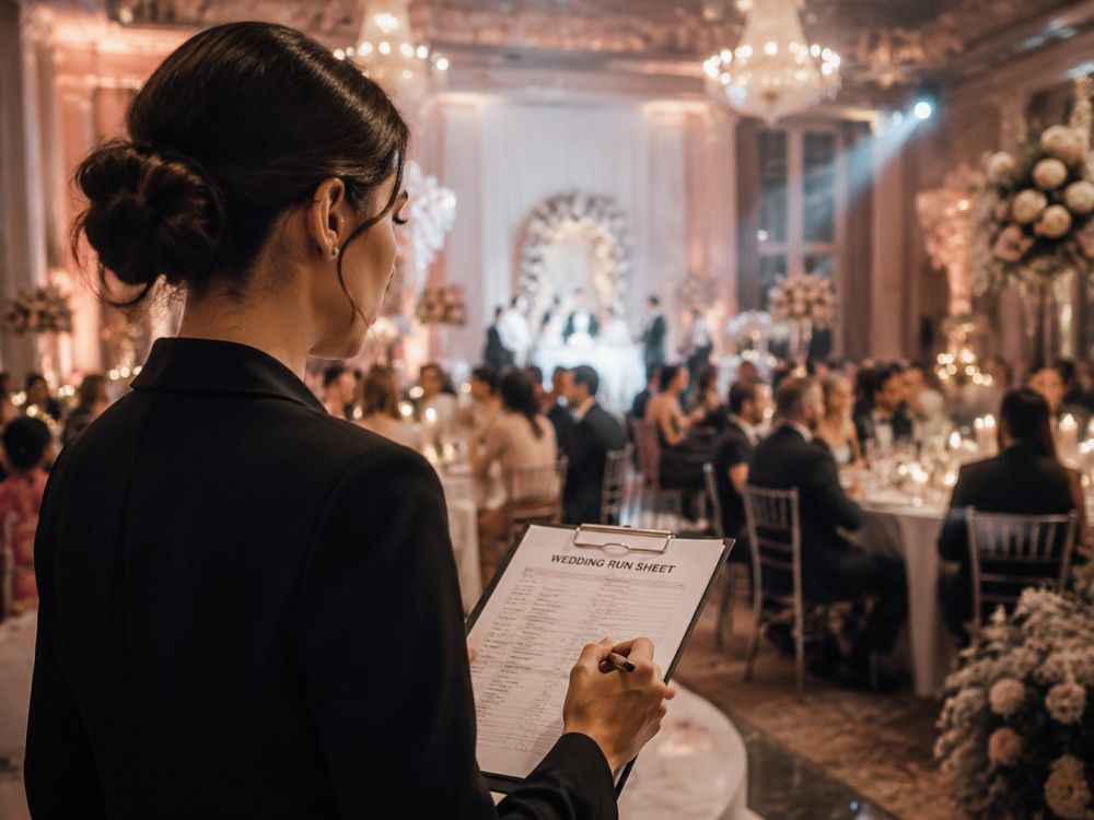 Wedding venue coordinator reviewing a reception run sheet while guests enjoy a luxury Melbourne wedding celebration