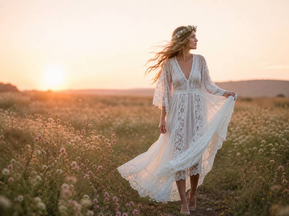 barefoot boho bride in lace dress standing in wildflower field sunrise wedding aesthetic