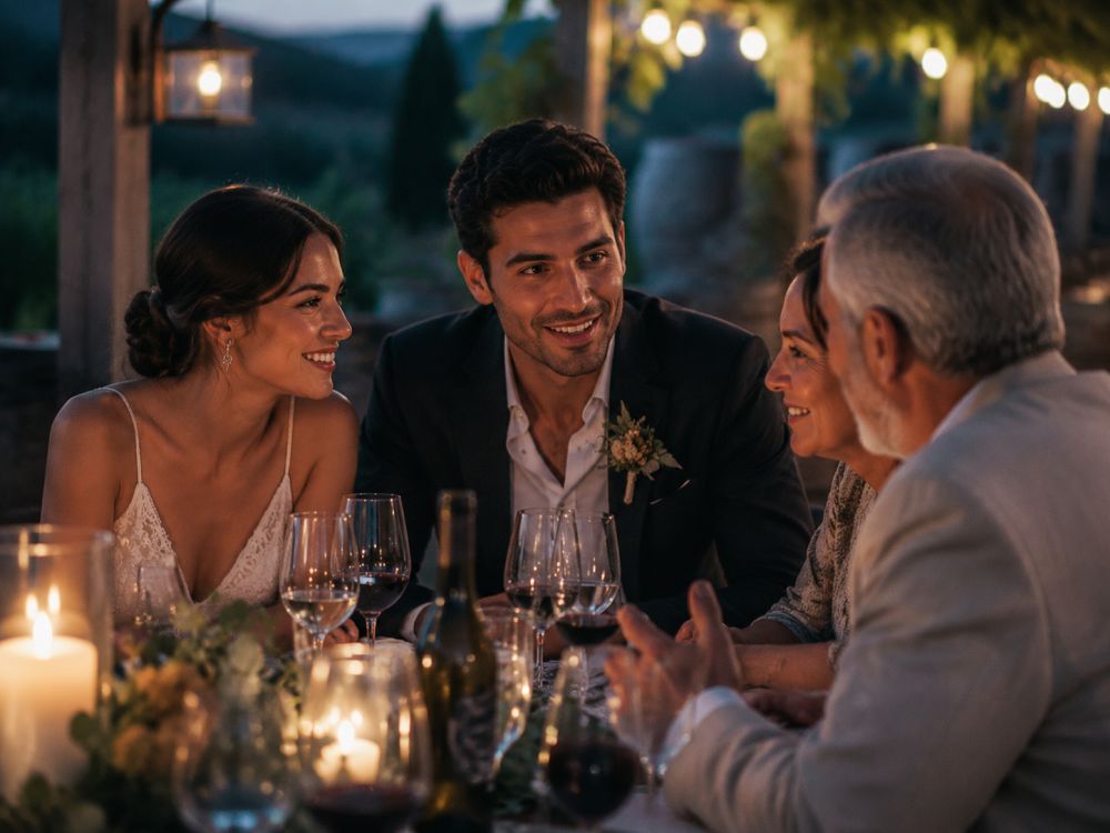 Newly engaged couple enjoying meaningful conversations with family during an intimate wedding welcome dinner