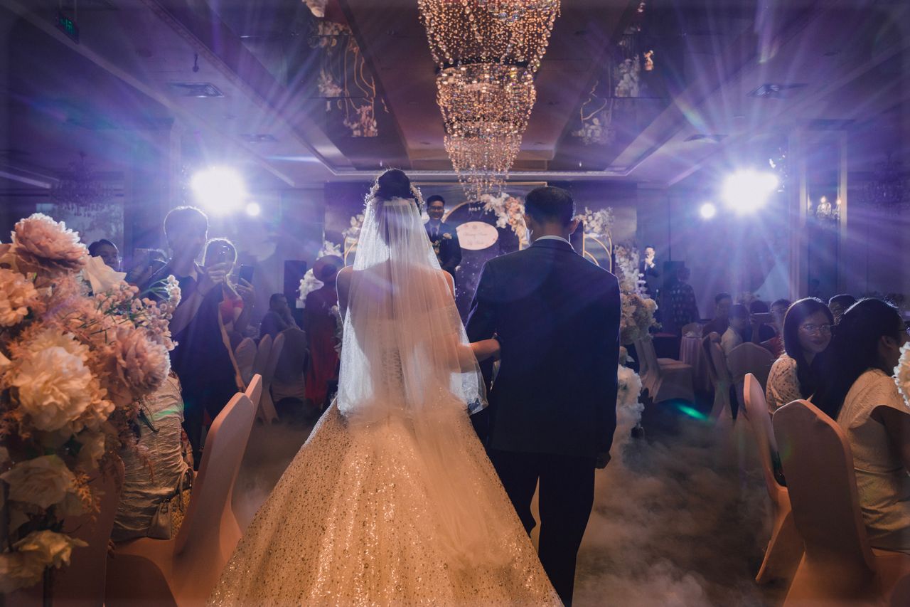 bride and groom cloud effect spotlight entrance