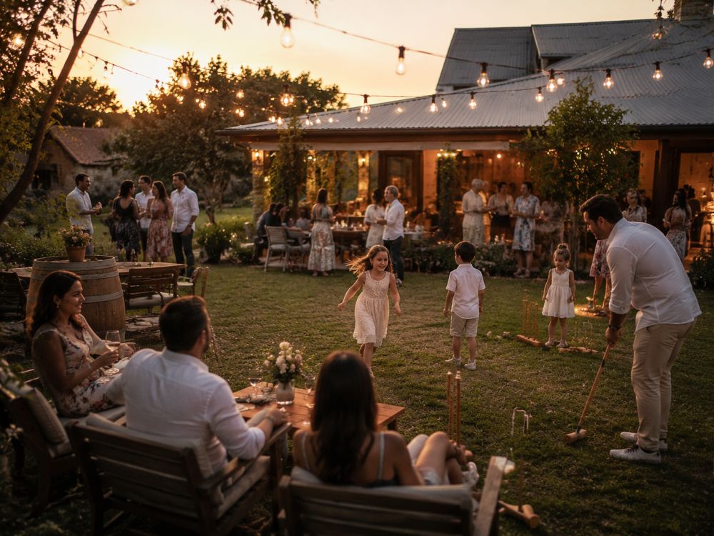 Guests enjoying a relaxed backyard wedding welcome dinner with food, games, and family conversations