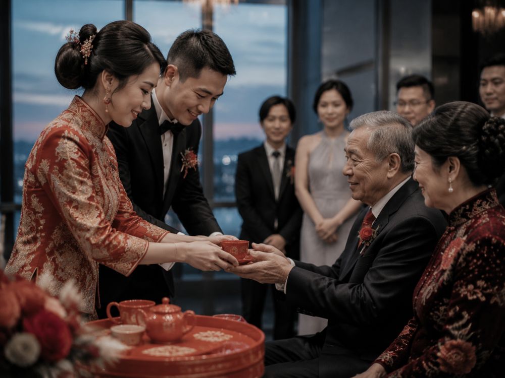 Grandparents participating in a Chinese tea ceremony during a multicultural Melbourne wedding celebration