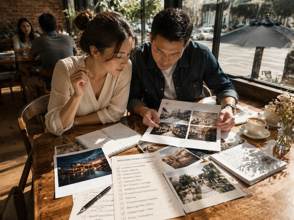 Engaged couple reviewing wedding venues, budgets, and planning notes before making a decision.