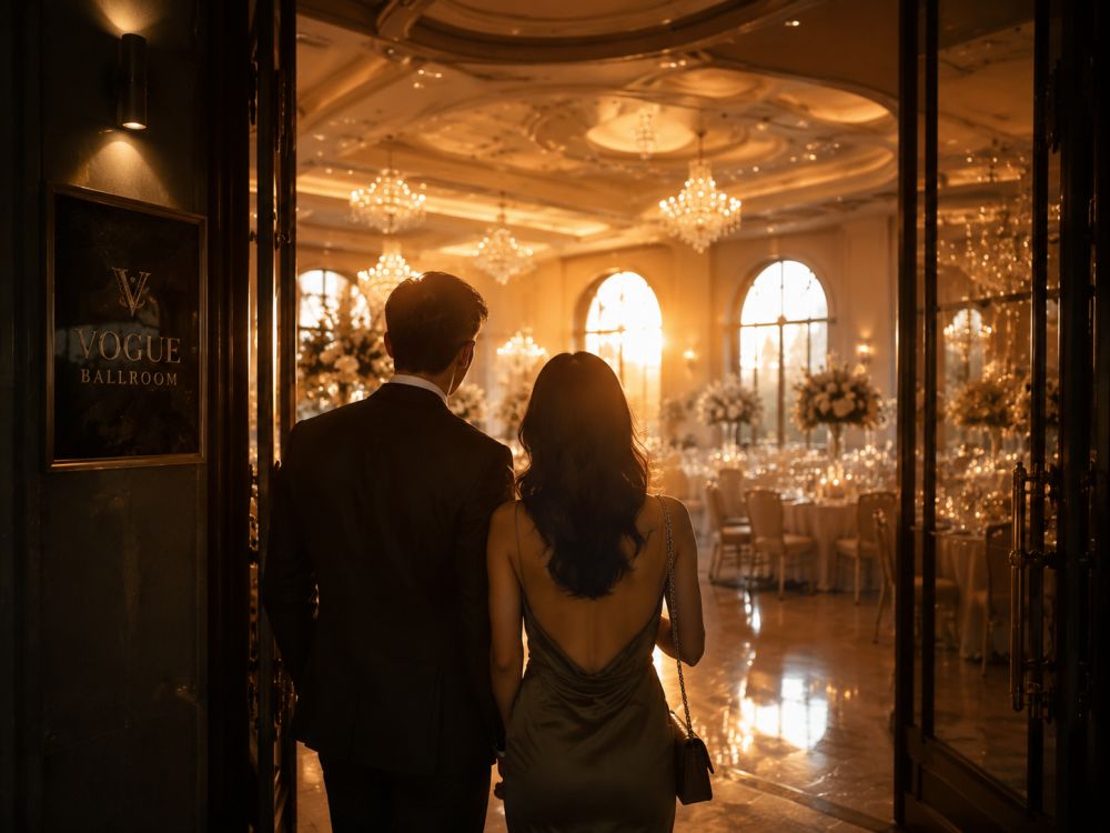 Engaged couple walking into a beautiful reception venue and imagining their wedding day celebration.