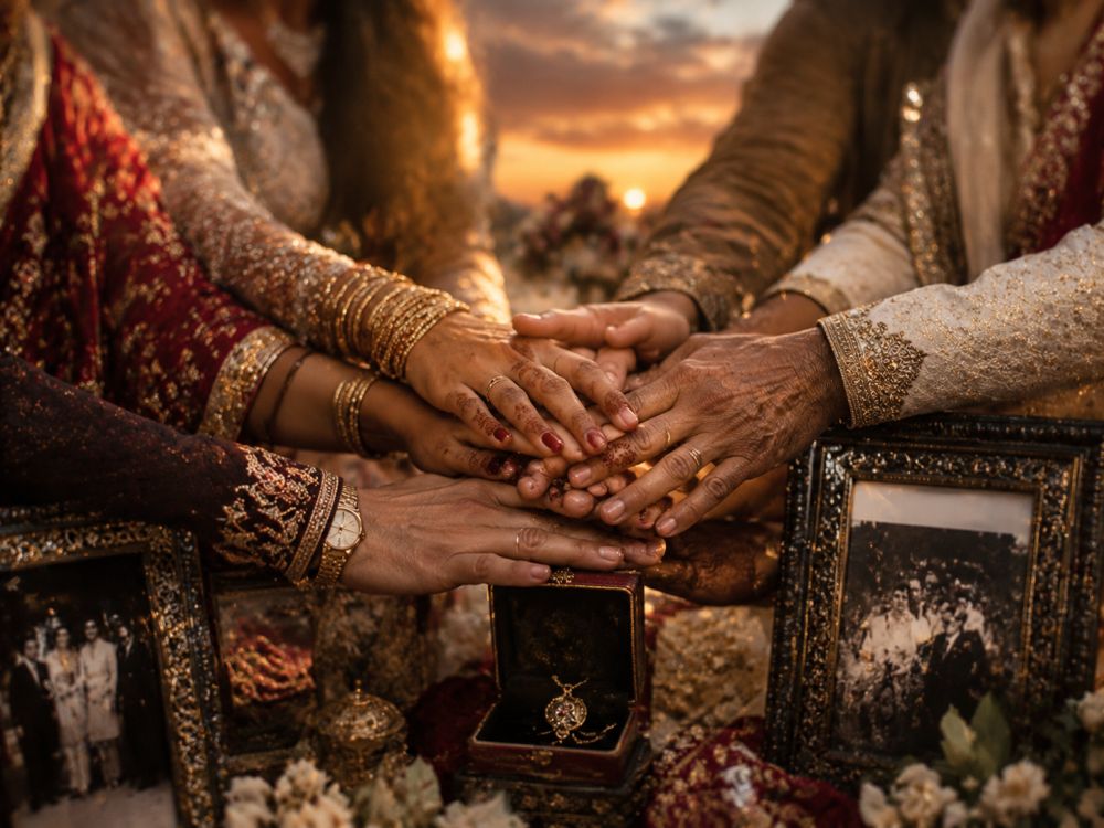 Close-up of wedding rings, cultural jewellery, and family heirlooms representing two traditions coming together
