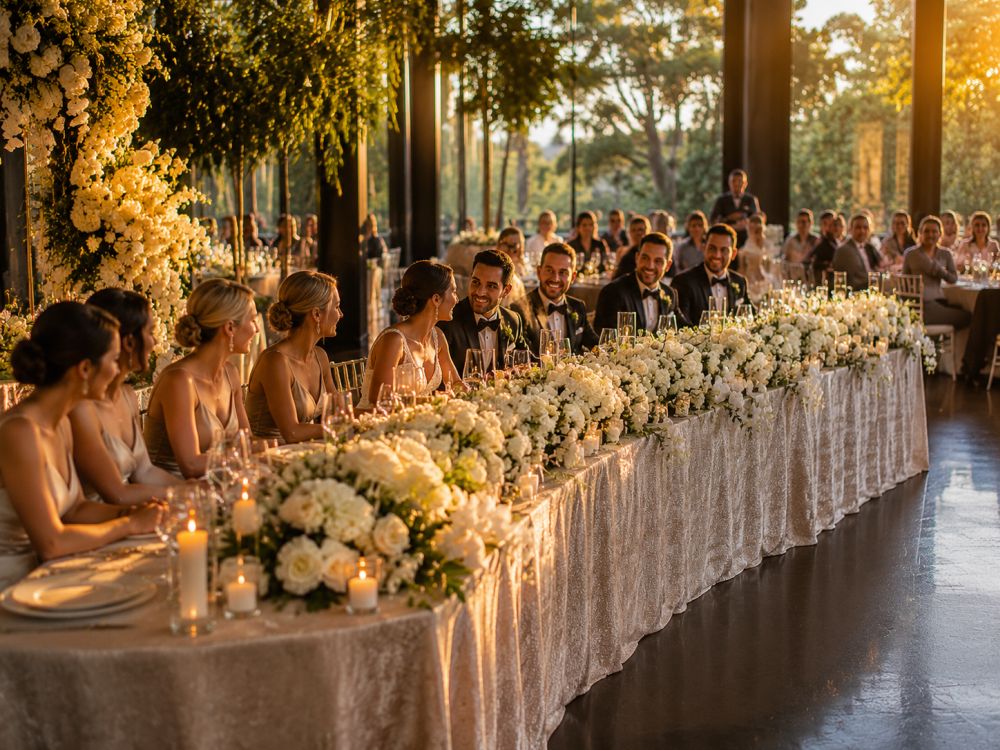 Bride and bridal party seated at a stylish curved serpentine table that connects with the wedding reception.