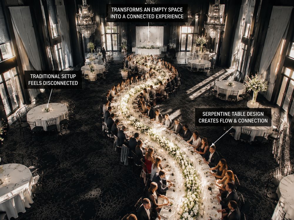 Serpentine wedding table installation turning a large reception venue into a connected and memorable experience.