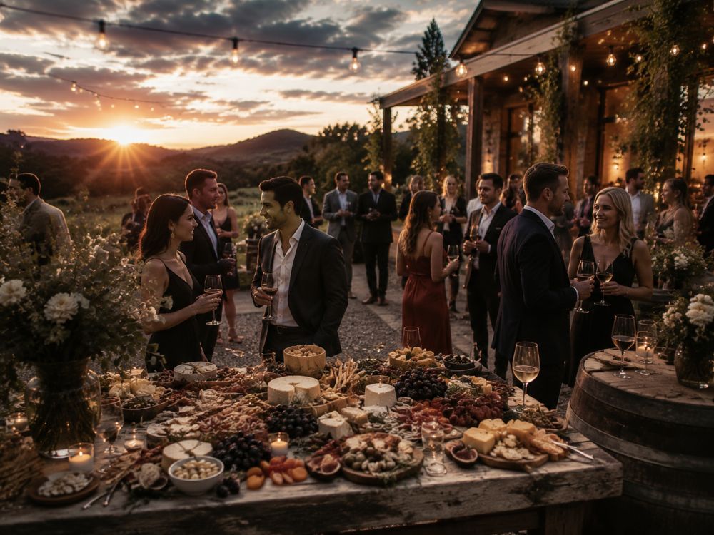 Guests mingling around a cocktail-style wedding welcome dinner with shared food and drinks