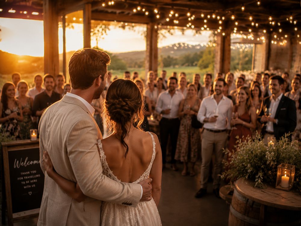 Bride and groom watching loved ones connect during a meaningful wedding welcome dinner celebration