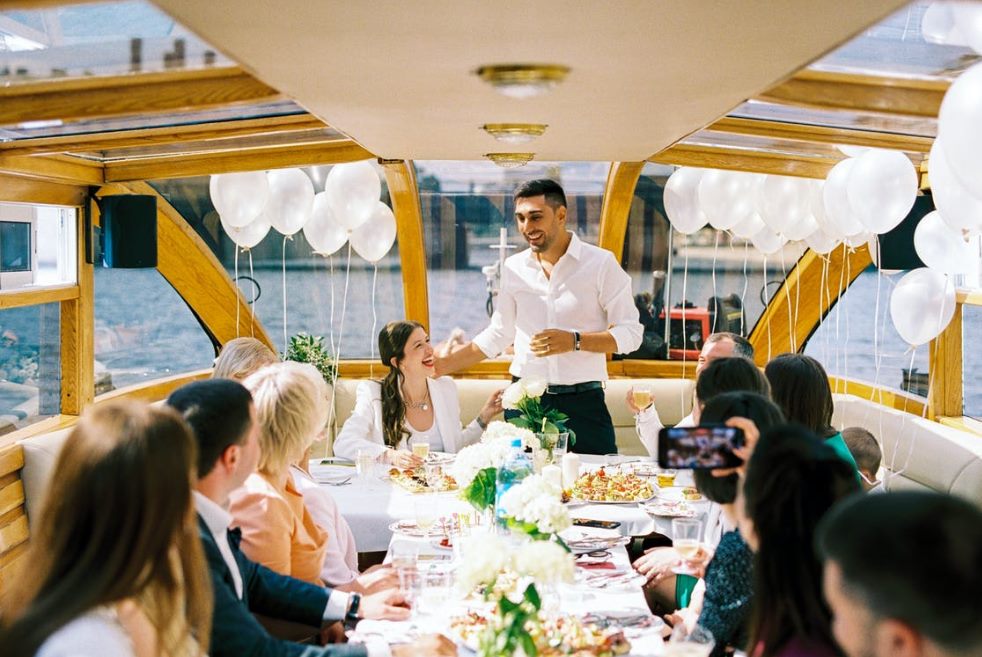 Grooms Wedding Speech to Guests on Boat · 