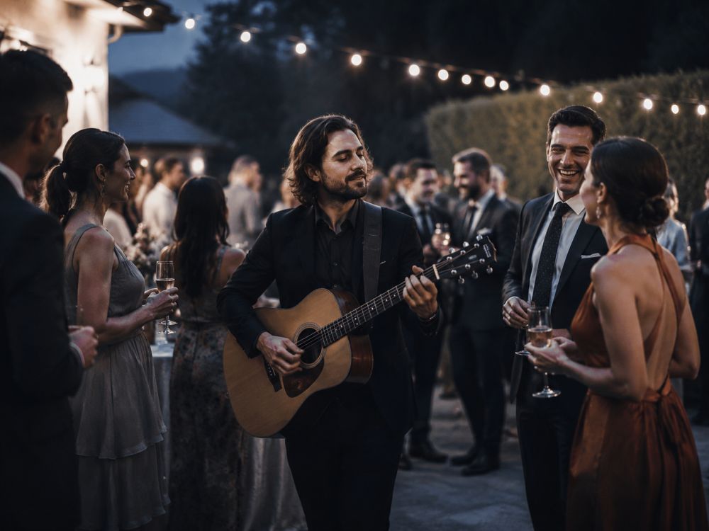 Acoustic musician performing at an outdoor wedding cocktail hour while guests enjoy drinks and conversation.