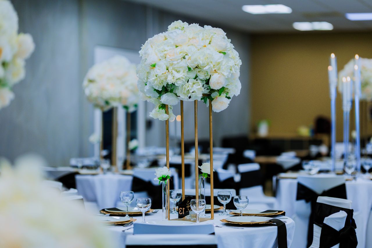 luxury wedding ballroom preparation before guest arrival