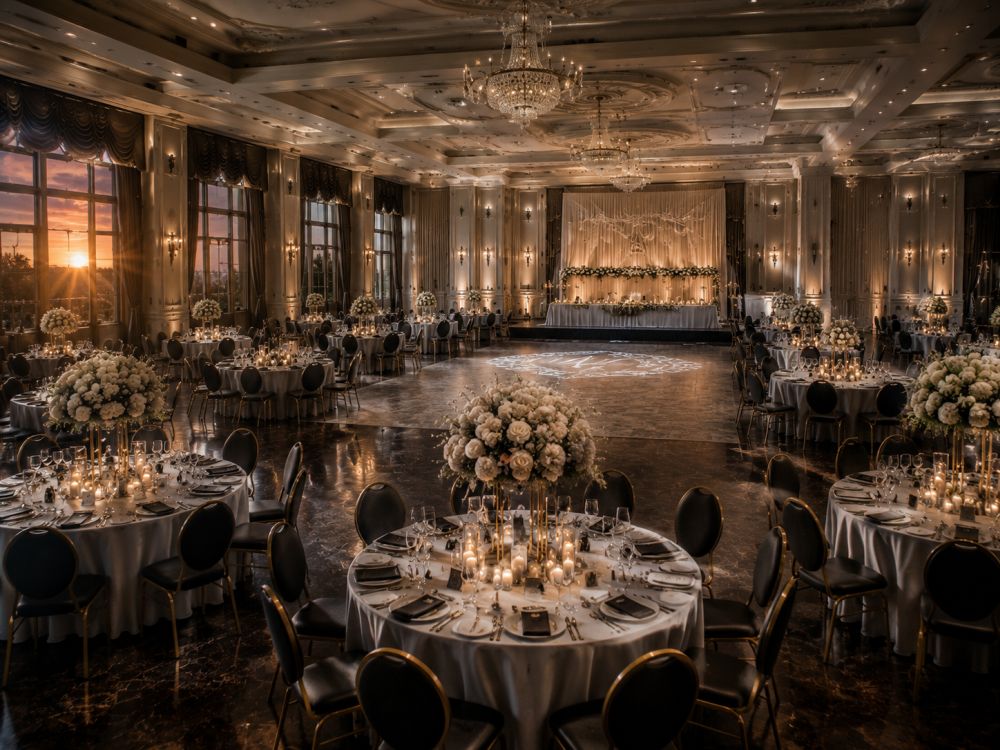 Beautifully arranged wedding ballroom with balanced tables, pathways and reception styling