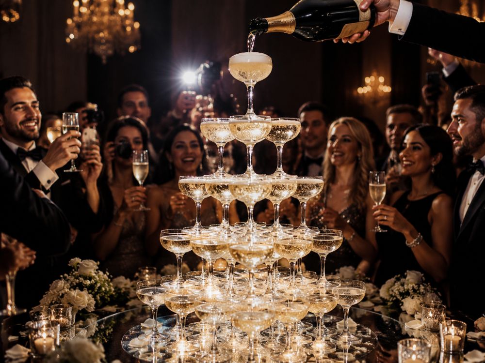 Stunning champagne tower at a wedding cocktail hour surrounded by guests celebrating with sparkling drinks and elegant reception styling.