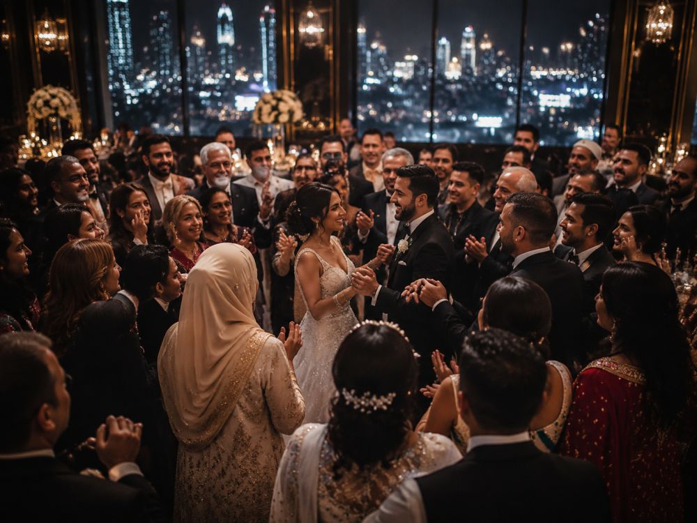 Diverse families celebrating together at a multicultural wedding reception overlooking Melbourne city lights