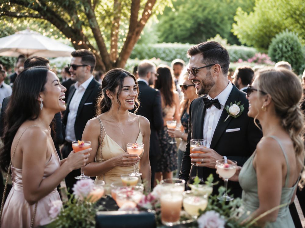 Elegant Melbourne wedding cocktail hour with guests enjoying signature cocktails, socialising outdoors, and creating memorable celebration moments.