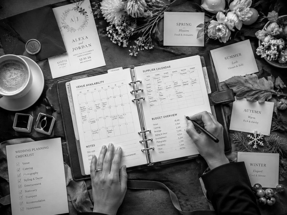 Wedding planning details showing calendars, invitations and seasonal decisions for Melbourne couples.