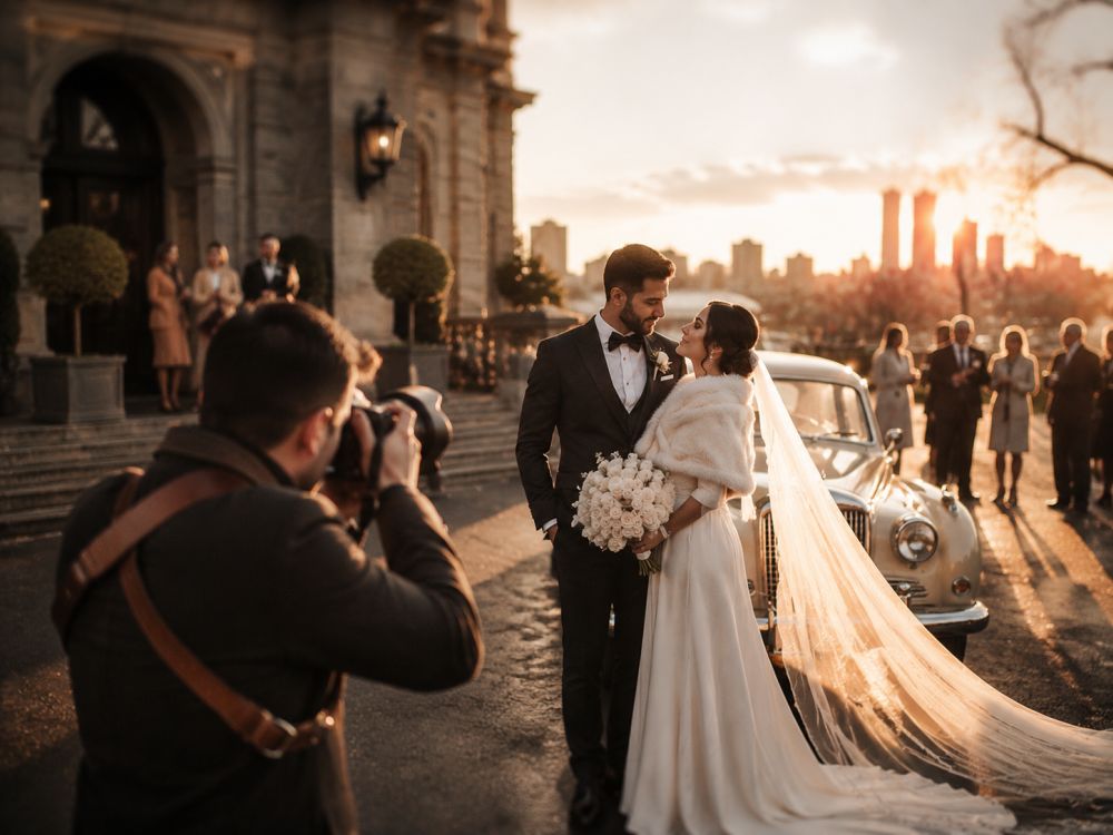 Photographer capturing romantic golden hour wedding portraits during a Melbourne winter celebration.