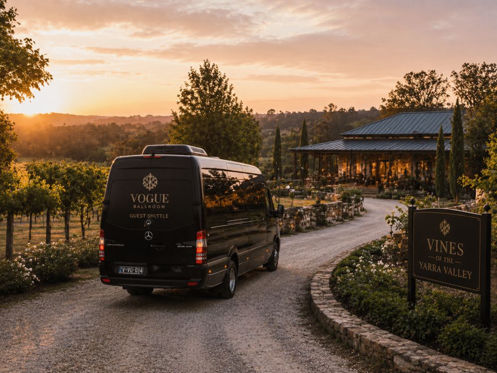 Luxury minibus arriving at a scenic wedding venue with limited access and winding roads.
