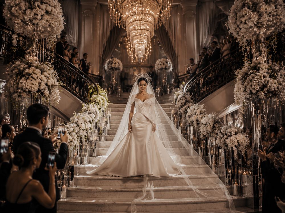 neo deco bridal fashion with statement headpiece