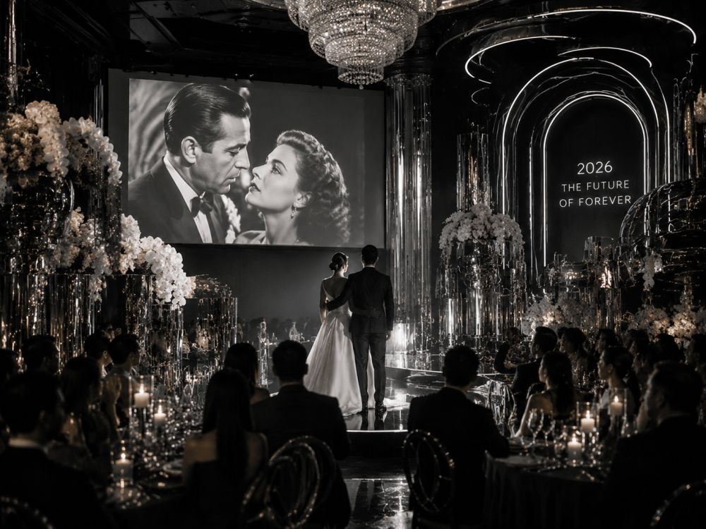 Neo Deco wedding reception blending old Hollywood romance, modern luxury design, film projections, and contemporary styling.