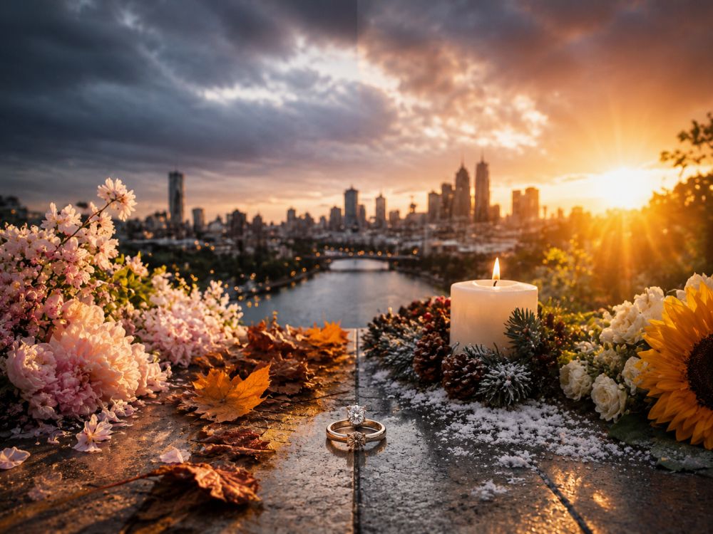 Wedding ring surrounded by seasonal elements representing Melbourne wedding date options.