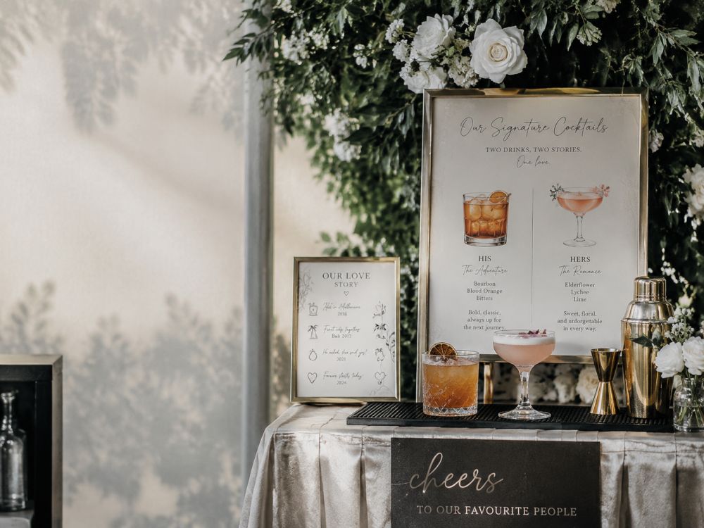 Custom wedding cocktail station featuring personalised drinks, creative menus, and romantic details that tell a couple’s story.
