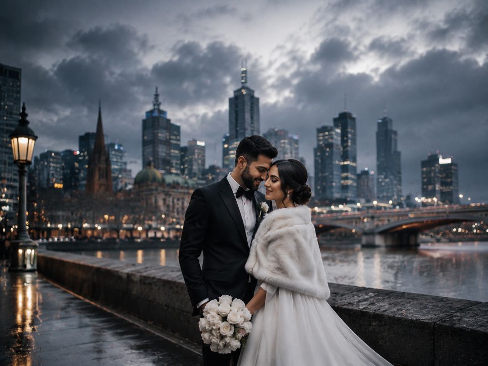 Couple sharing an intimate winter wedding portrait against a dramatic Melbourne backdrop.