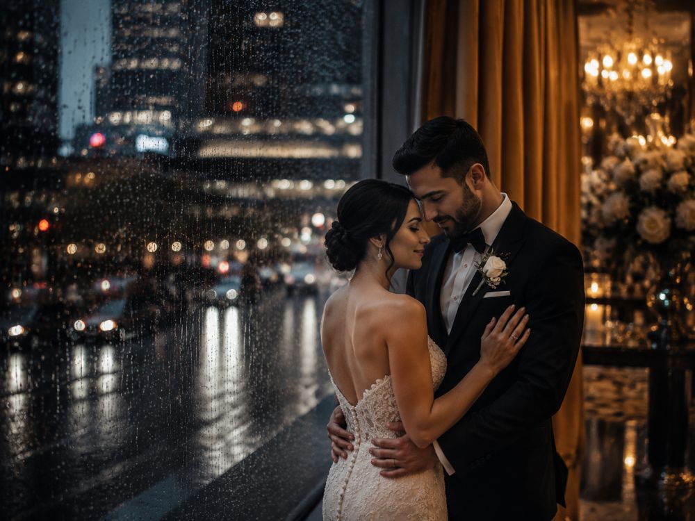 Newlywed couple embracing beside a rainy window during a romantic Melbourne winter wedding.