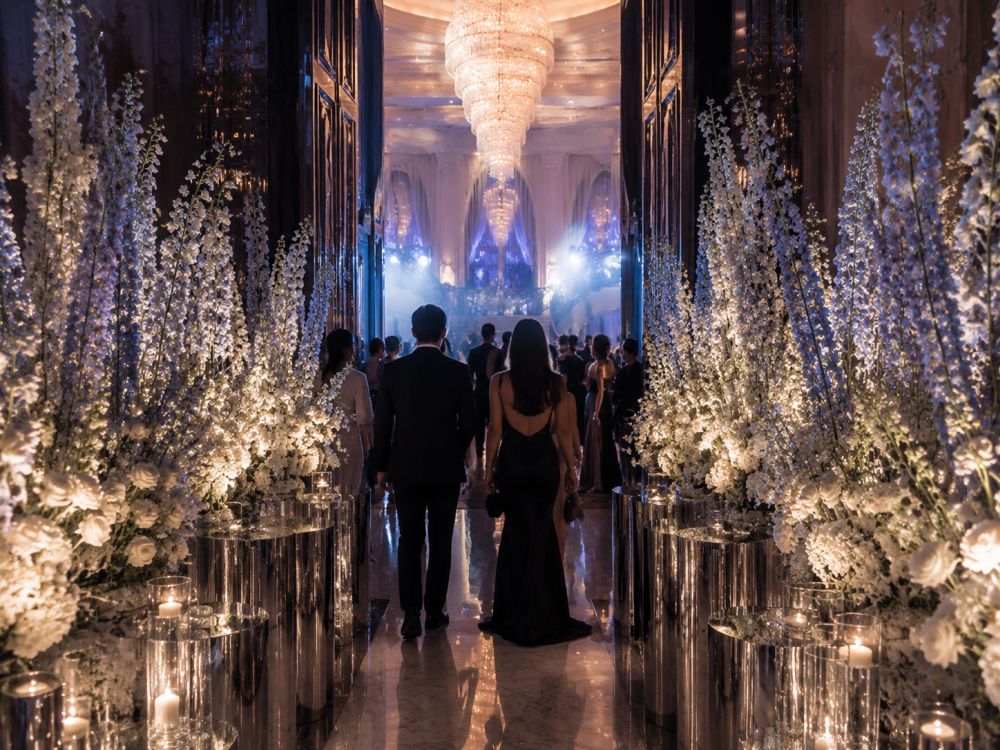 sculptural floral wedding entrance inspired by neo deco design