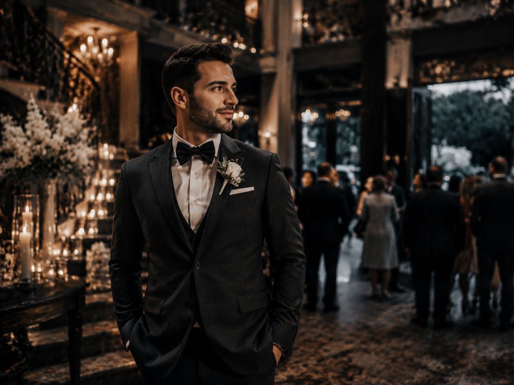 Groom wearing a sophisticated winter wedding suit inside an elegant Melbourne venue.