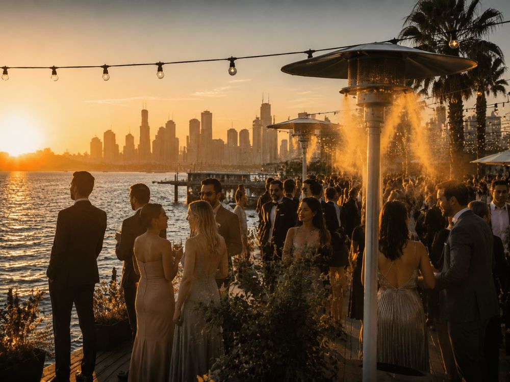 Waterfront summer wedding reception in Melbourne with guests enjoying a warm evening celebration.