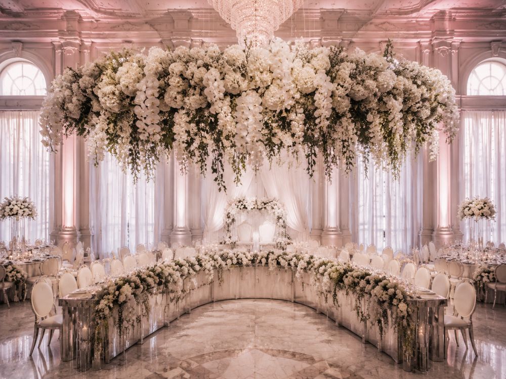 suspended floral installation above melbourne wedding bridal table