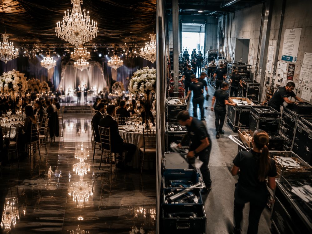 Split scene showing the difference between a beautiful wedding ballroom and the backstage work required to run it.