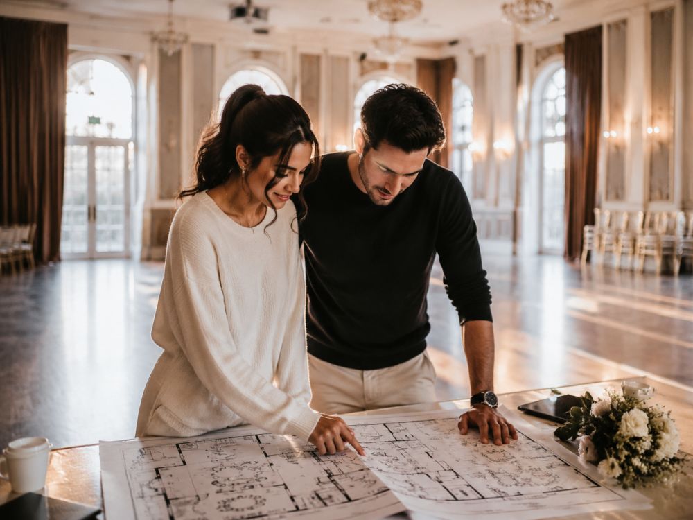 Engaged couple reviewing a wedding venue floor plan to calculate the right guest count and reception space requirements