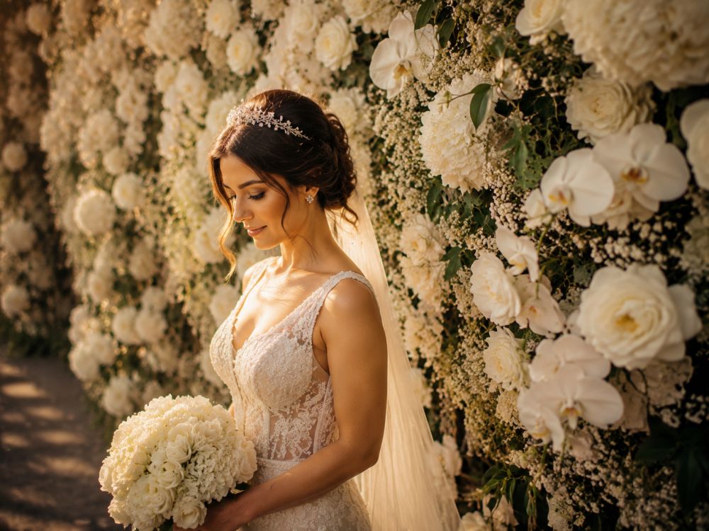 Bride standing beside a sophisticated flower wall backdrop made with white blooms and greenery