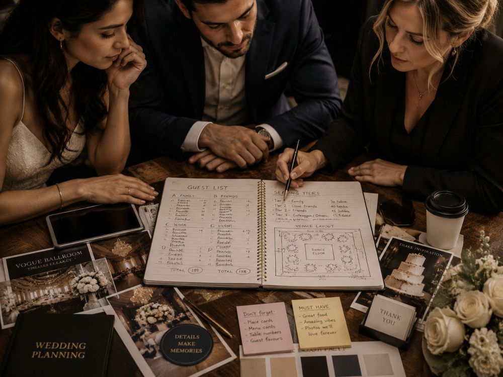 Couple organising wedding guests into priority tiers with seating notes and planning documents