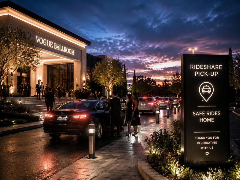 Clearly marked rideshare pickup area helping wedding guests leave safely at night.