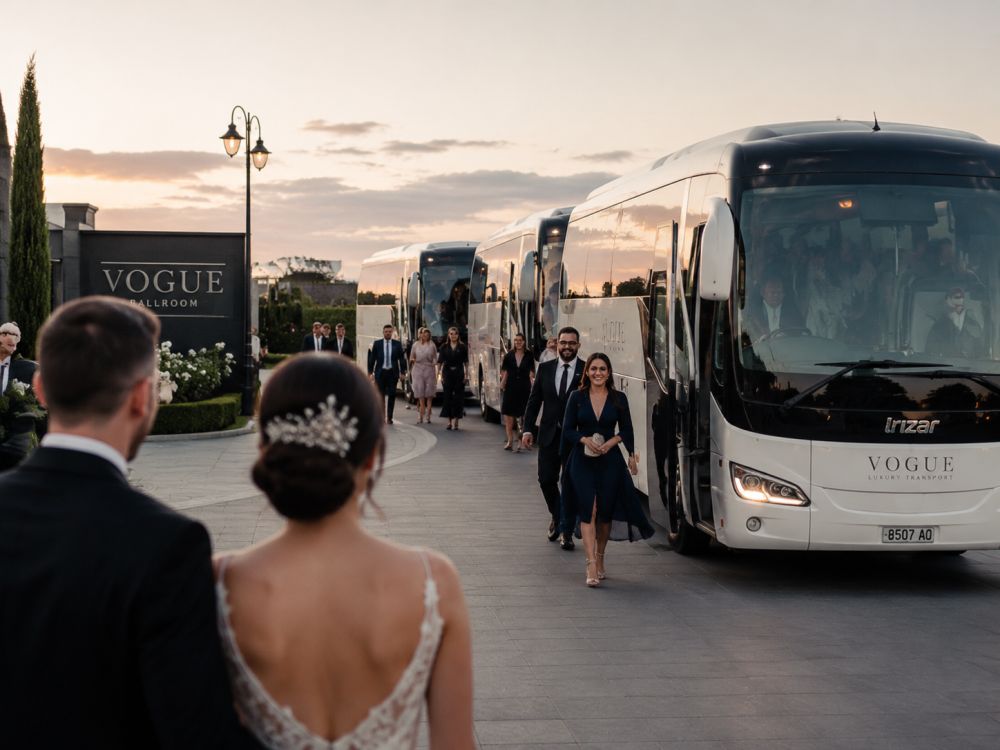 Elegant wedding shuttle buses arriving at a Melbourne venue with relaxed guests beginning the celebration.