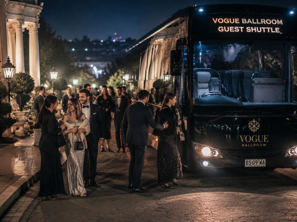 Wedding guests boarding evening shuttle buses after a reception celebration.