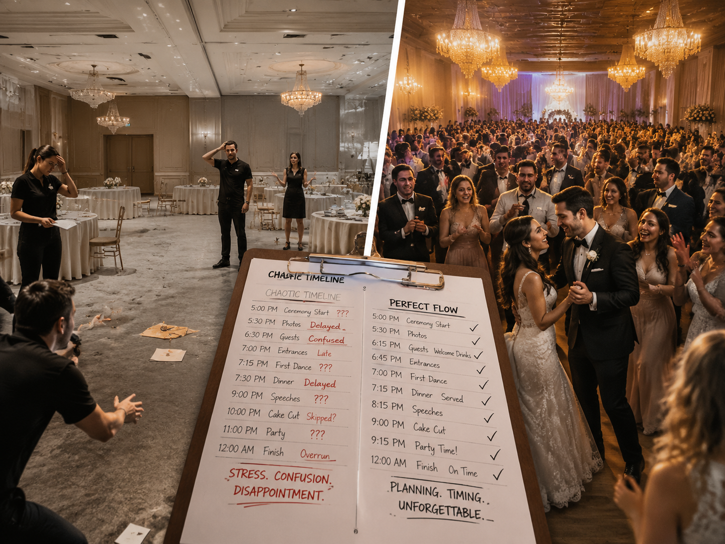 Conceptual image showing the difference between poorly planned and smoothly organised wedding receptions
