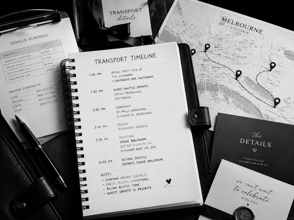 Wedding transport planner materials showing schedules, maps, and organised guest travel details.