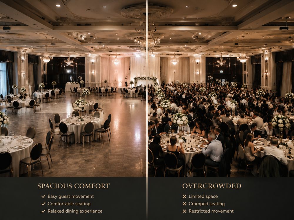 Elegant wedding reception layout showing the difference between maximum capacity and comfortable guest spacing