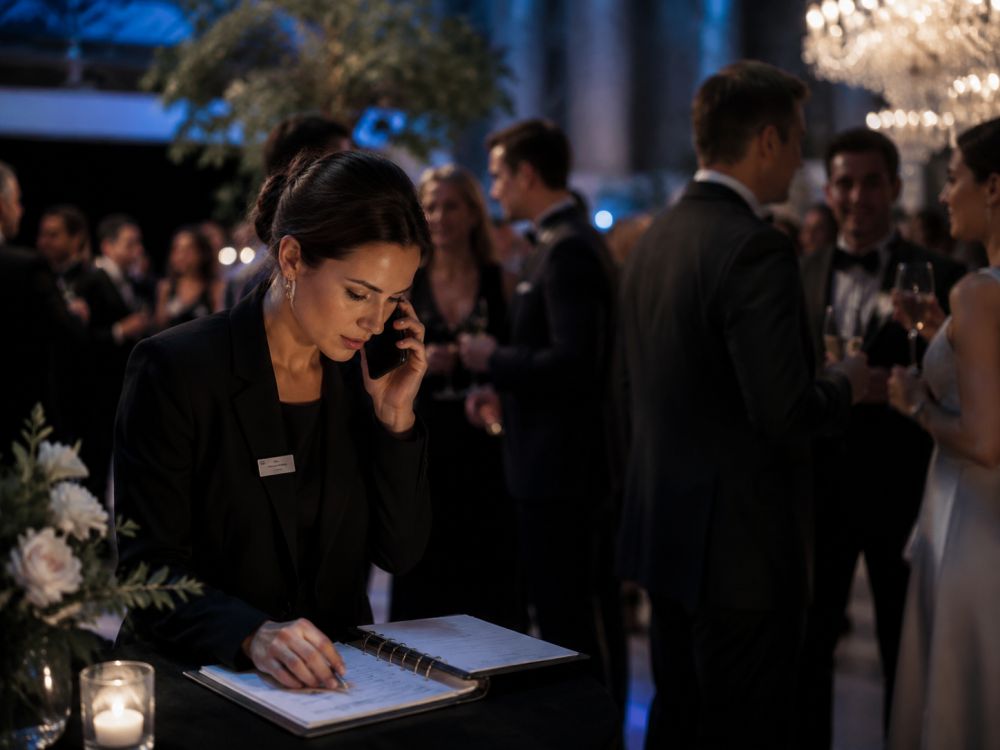 Wedding coordinator providing professional support during a reception celebration