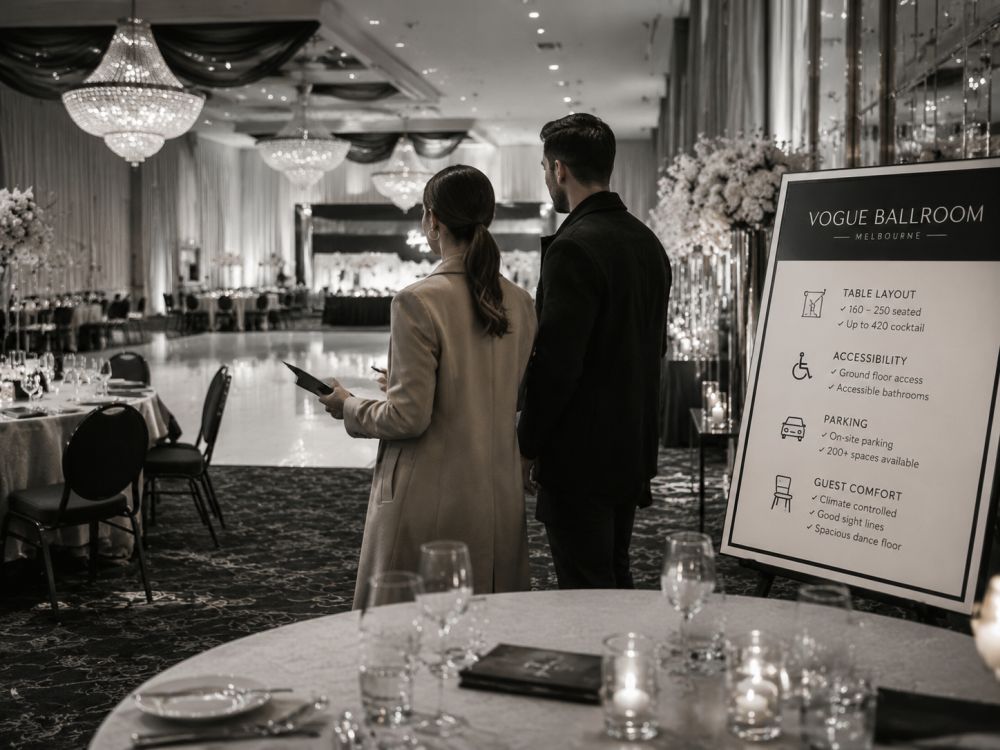 Couple inspecting a Melbourne wedding venue while considering capacity, layout and guest experience