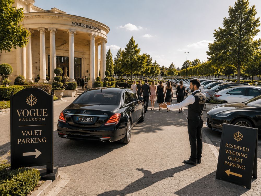 Wedding parking area with signage, reserved spaces, and attendants managing guest vehicles smoothly.