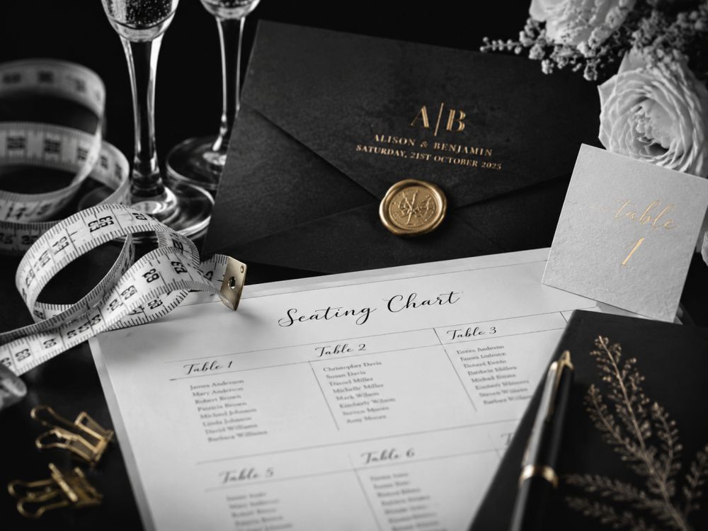 Wedding planning items including measuring tape, seating chart and stationery representing venue calculations